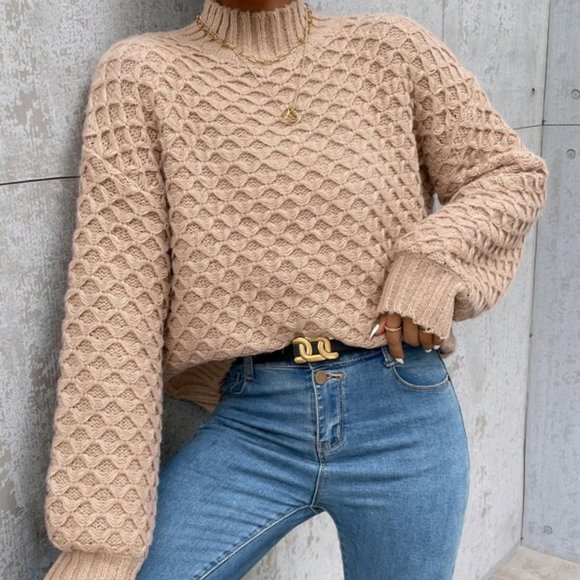 Sweaters - High Neck Textured Knit Sweater